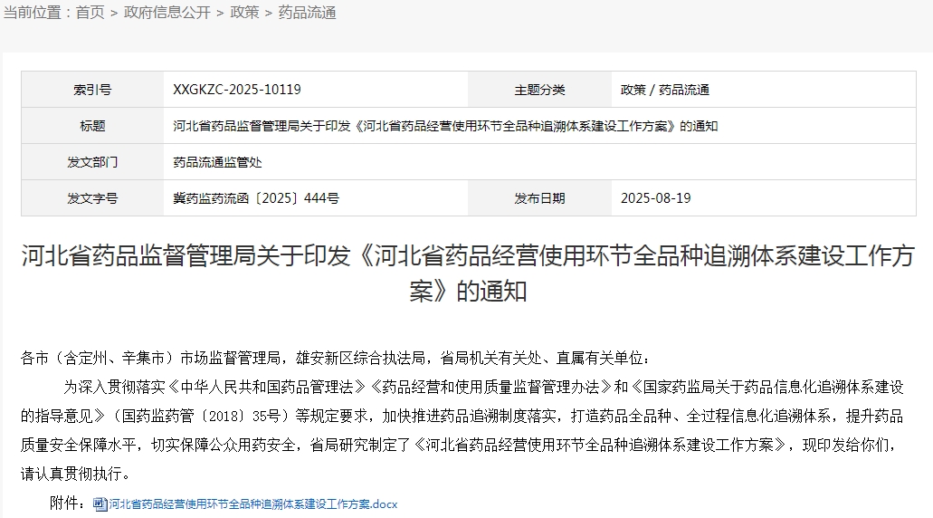 河北省药品监督管理局关于印发《河北省药品经营使用环节全品种追溯体系建设工作方案》的通知